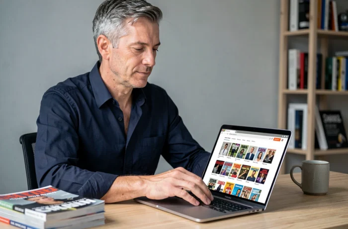 Homme naviguant sur un site de téléchargement de magazines en ligne depuis son bureau à domicile
