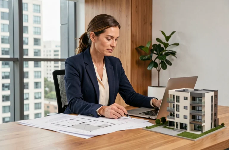 Femme investisseuse immobilière analysant des plans et documents de propriété dans un bureau moderne