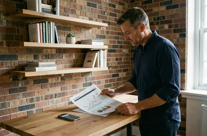 Homme analysant un portefeuille d'investissement avec des graphiques financiers dans un bureau à domicile