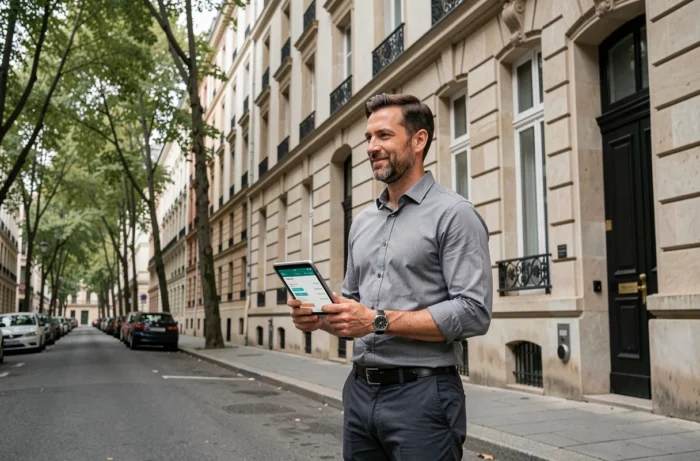 Investisseur immobilier debout devant un immeuble rénové dans un quartier résidentiel européen