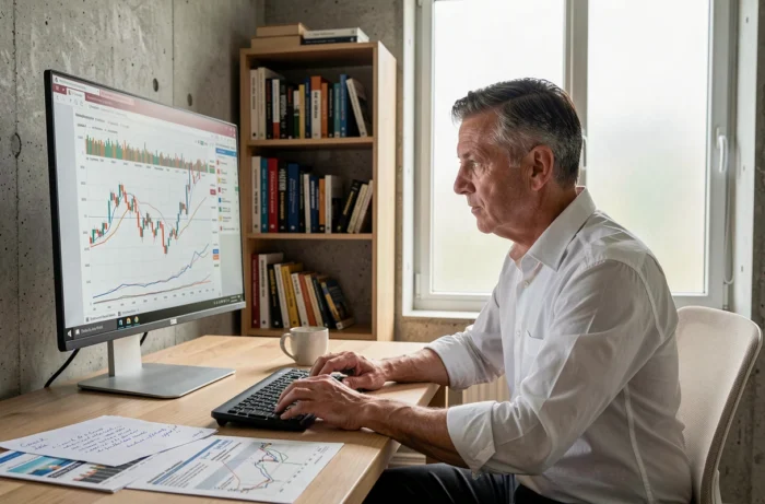 Investisseur immobilier analysant des graphiques de marché et des tendances financières dans un bureau moderne