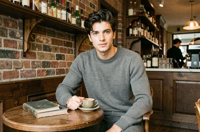 Jeune homme brun assis dans un café parisien avec un livre et un expresso, portrait éditorial évoquant l'univers artistique de Jack Depp, fils de Johnny Depp