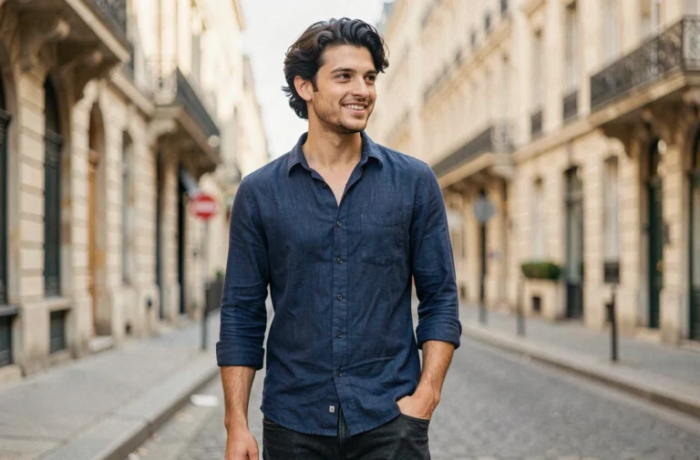 Jeune homme aux cheveux bruns ondulés en chemise bleue dans une rue parisienne, évoquant le style de Jack John Christopher Depp III, fils de Johnny Depp et Vanessa Paradis