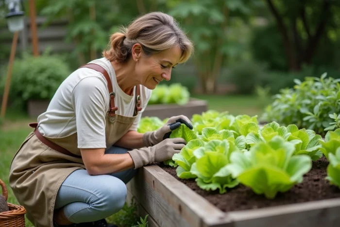 Femme jardinière posant des répulsifs naturels comme coquilles d'œufs et barrière de cuivre autour de plants de salade pour protéger le jardin des carabes