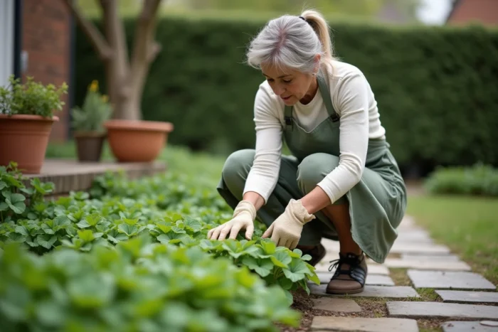 Jardinière examinant de l'oxalis envahissant entre des pavés dans un jardin résidentiel au printemps