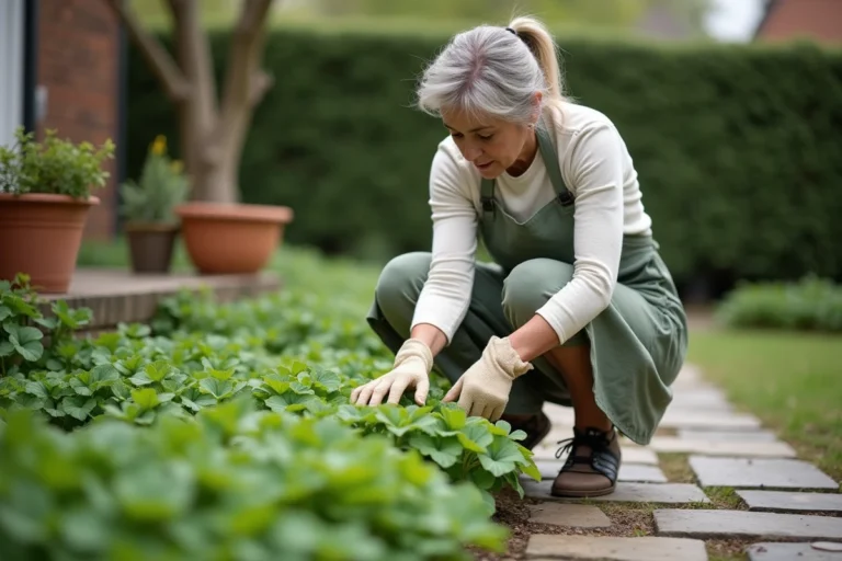 Jardinière examinant de l'oxalis envahissant entre des pavés dans un jardin résidentiel au printemps