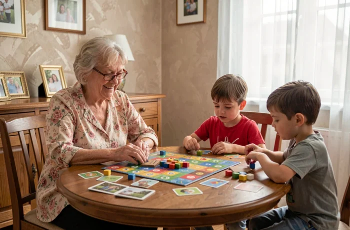Grand-mère jouant à un jeu de société éducatif avec ses petits-enfants autour d'une table