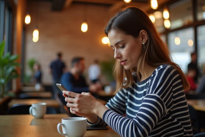 Jeune femme cherchant de l'aide sur Roomlala via smartphone dans un café parisien