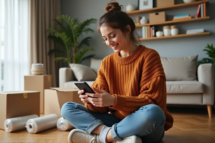 Jeune femme cherchant du papier bulle gratuit sur une application de petites annonces