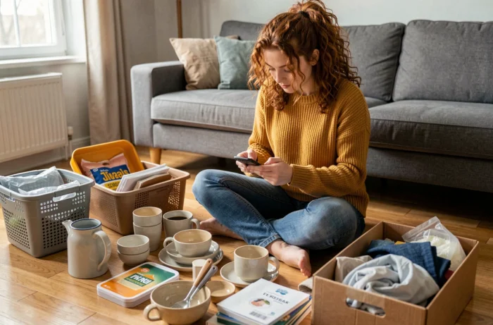 Jeune femme triant des objets chez elle pour les revendre sur des plateformes d'annonces en ligne