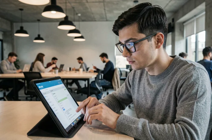 Jeune professionnel accédant à un webmail sur tablette dans un espace de coworking
