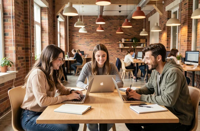 Groupe de jeunes professionnels collaborant sur des ordinateurs portables dans un espace de coworking moderne et dynamique