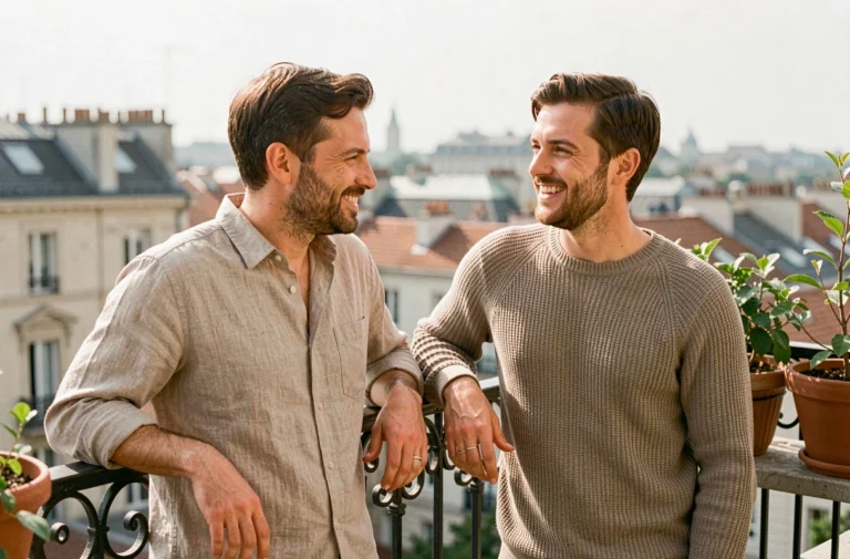 Deux hommes adultes partageant un moment complice sur un balcon urbain, illustrant la vie privée d'un couple en 2026