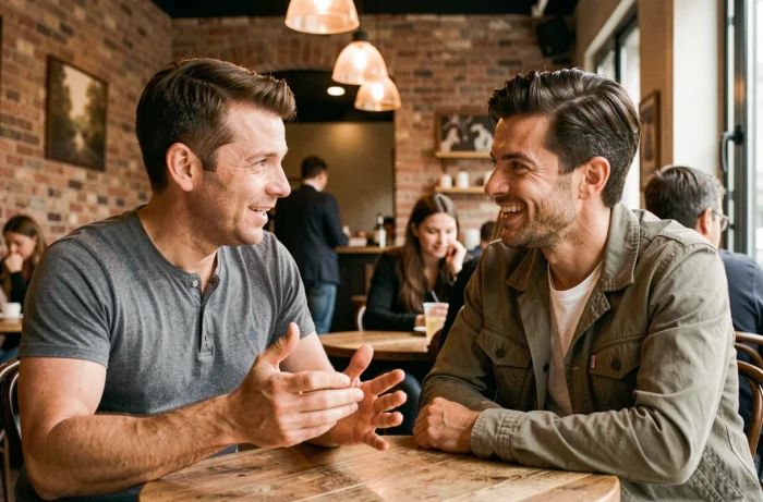 Deux hommes en conversation animée dans un café parisien, illustrant la complicité et la vie privée du couple Jules Torres en 2026