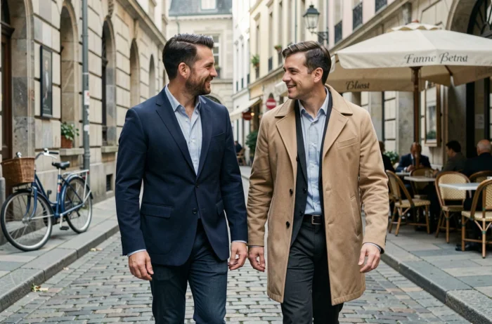 Deux hommes marchant ensemble dans une rue pavée européenne, évoquant la vie quotidienne et la complicité d'un couple célèbre