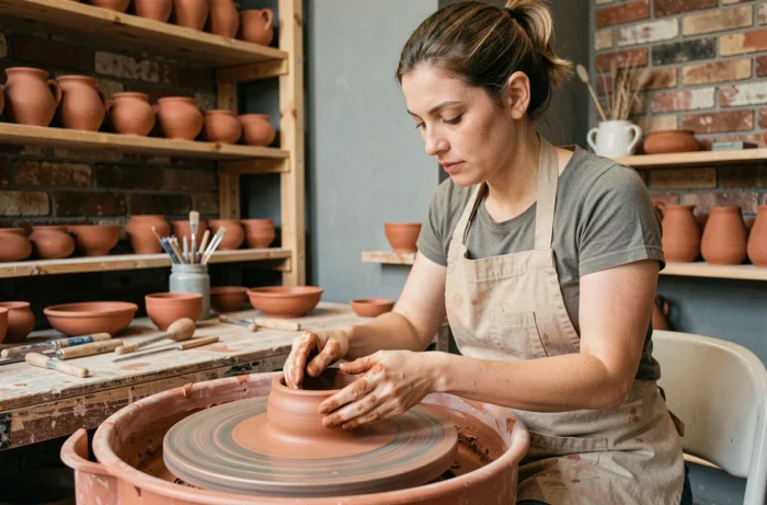 Femme qui pratique la poterie artisanale dans un atelier, les mains façonnant un bol en argile sur un tour de potier