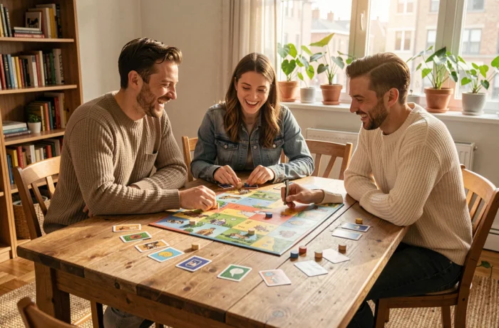 Groupe d'amis jouant à un jeu de société illustré autour d'une table en bois dans un appartement cosy