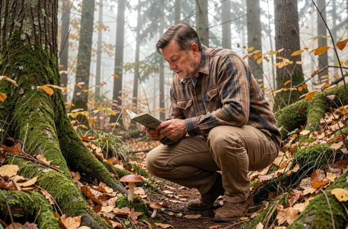 Homme en forêt pratiquant la cueillette de champignons sauvages avec un guide de terrain, entouré de feuilles automnales