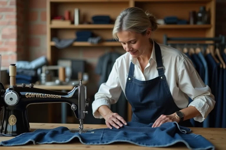 Couturière utilisant une machine à coudre robuste pour assembler plusieurs épaisseurs de tissu denim épais dans un atelier artisanal