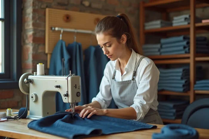 Femme utilisant une machine à coudre industrielle pour coudre du tissu épais en denim dans un atelier de couture à domicile