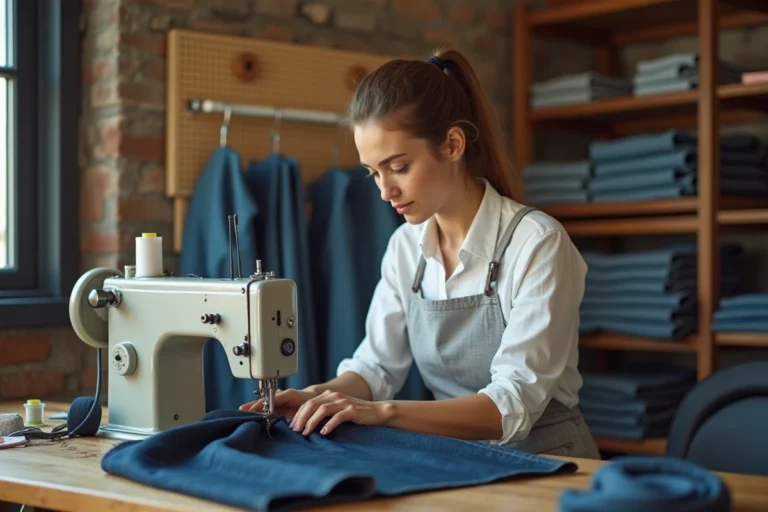 Femme utilisant une machine à coudre industrielle pour coudre du tissu épais en denim dans un atelier de couture à domicile