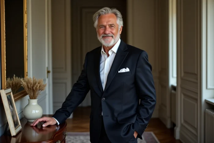 Marc Toesca posant dans le couloir de son appartement parisien entouré de photos de famille