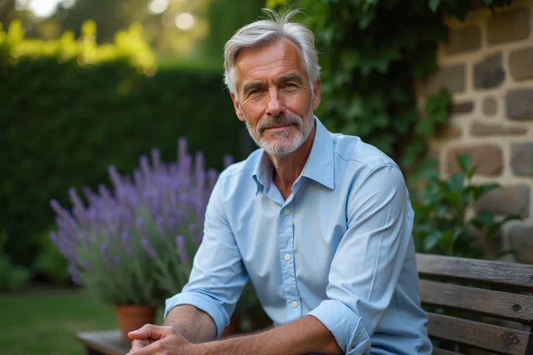 Marc Toesca évoquant sa vie de couple et sa famille dans un jardin privé paisible