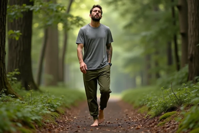 Homme marchant pieds nus en forêt, respirant profondément parmi les arbres, illustrant les bienfaits de la nature pour la guérison naturelle