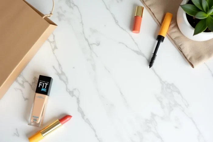 Flat lay de produits cosmétiques Maybelline incluant fond de teint, mascara et rouge à lèvres disposés sur un marbre blanc avec un sac Sephora