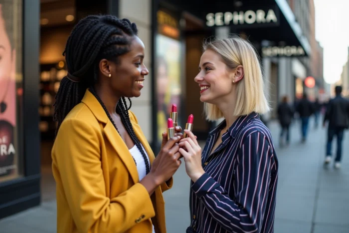Deux femmes souriantes comparant des rouges à lèvres Maybelline devant l'entrée d'un magasin Sephora en ville