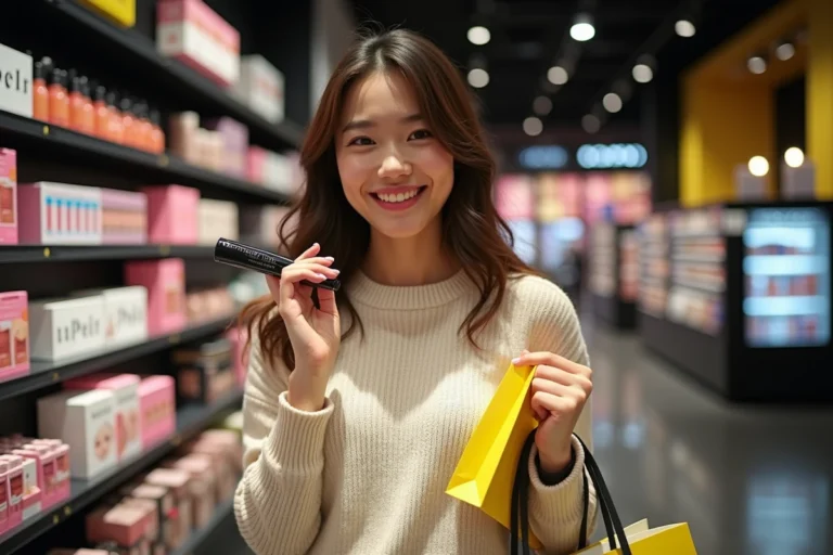 Jeune femme souriante tenant un mascara Maybelline dans un magasin Sephora moderne avec des étagères de produits colorés en arrière-plan