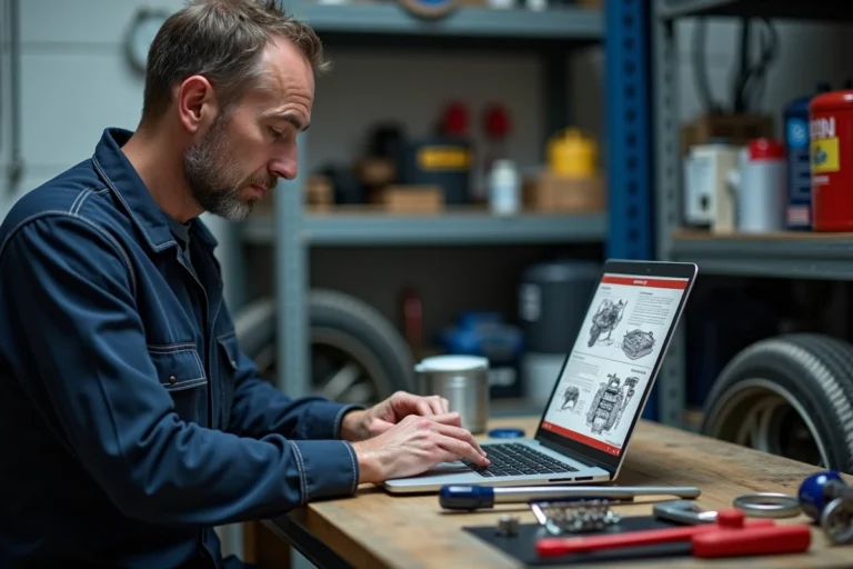 Mécanicien consultant une revue technique automobile en PDF sur un ordinateur portable dans un atelier garage