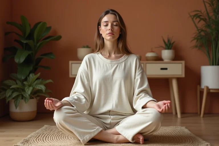 Femme pratiquant la méditation en position assise sur un sol en bois dans un intérieur minimaliste aux tons chauds, pour une guérison naturelle au quotidien