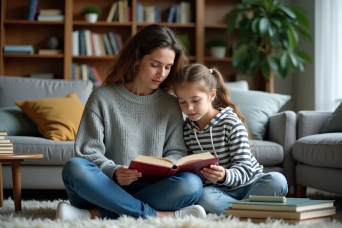 Mère et fille adolescente partageant un moment de lecture ensemble sur le sol du salon, scène de complicité familiale au quotidien
