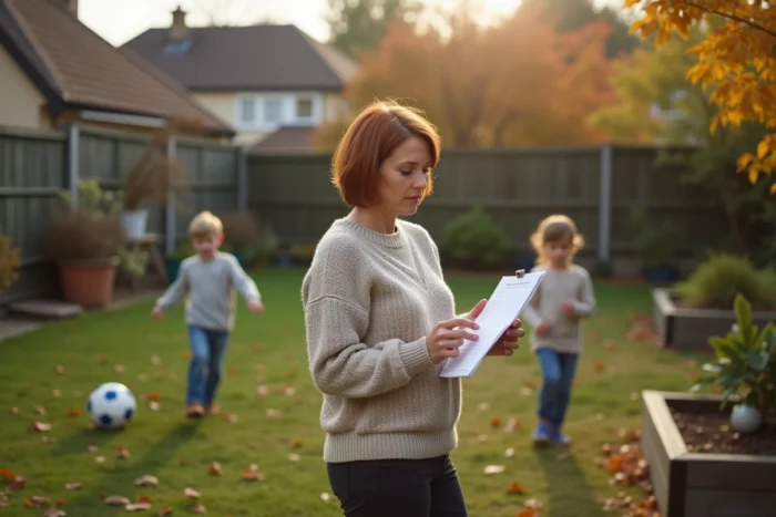 Mère organisée dans son jardin familial en automne, gérant les tâches du quotidien pendant que ses enfants jouent en arrière-plan