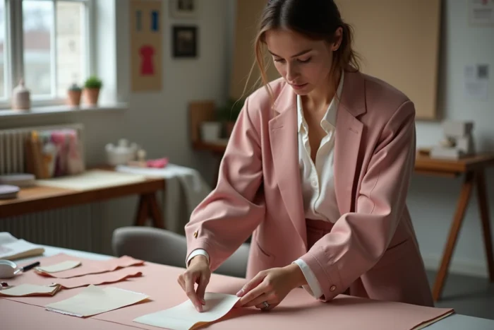 Personne non-binaire examinant des échantillons de tissu dans un atelier de création de mode contemporain