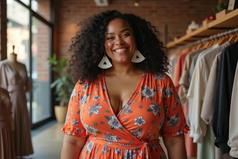 Femme ronde souriante portant une robe florale colorée dans une boutique de mode inclusive aux murs en briques