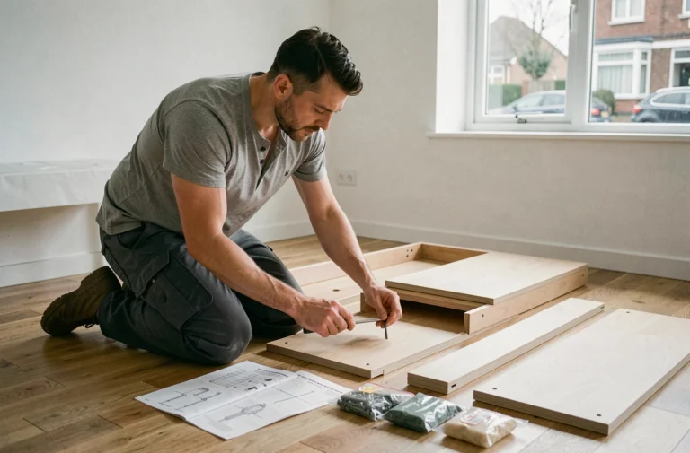 Artisan en train de monter un meuble armoire dans une chambre moderne, entouré de panneaux en bois et d'instructions de montage