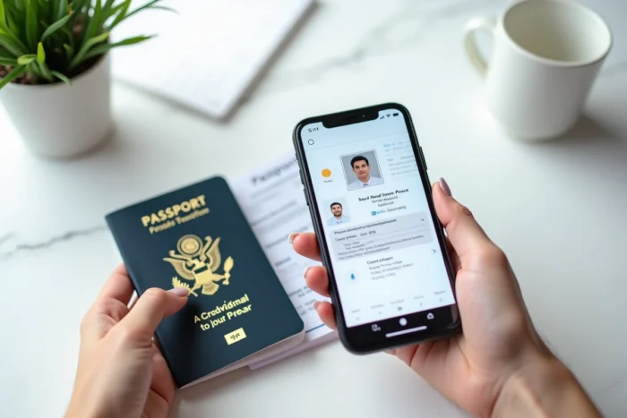 Passeport ouvert sur la page d'identité photographié avec une application de numérisation sur smartphone