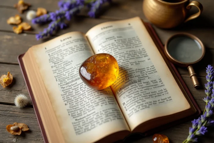 Pierre d'ambre naturelle posée sur une page de dictionnaire ancienne entourée de fleurs séchées évoquant l'étymologie du prénom Ambre