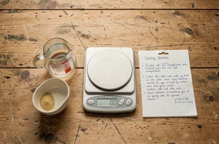 Vue de dessus d'outils de mesure culinaires incluant un verre gradué en centilitres et une balance numérique affichant des grammes sur une table en bois