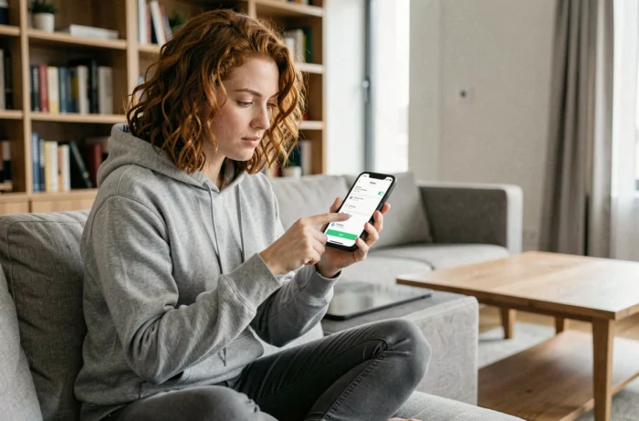 Femme configurant les paramètres de voix Waze sur smartphone pour activer la voix Dark Vador dans un appartement moderne