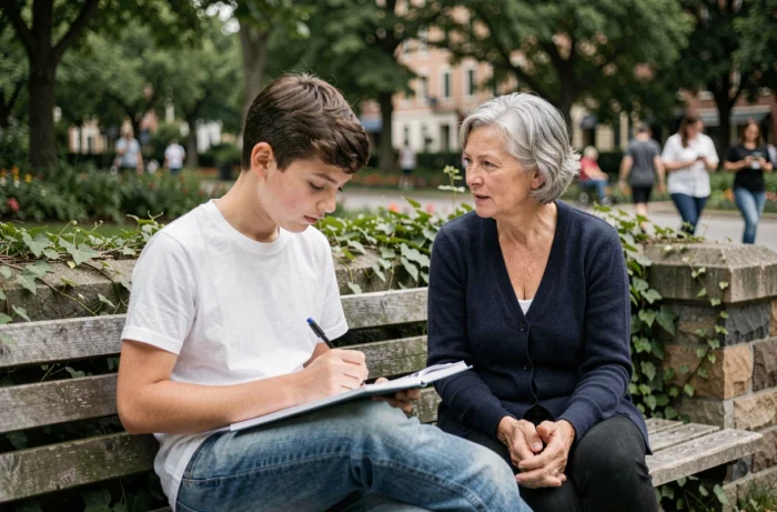 Un adolescent écrivant dans un carnet accompagné d'une tutrice attentionnée dans un jardin urbain verdoyant, symbolisant le parrainage individuel et le soutien au développement personnel des jeunes