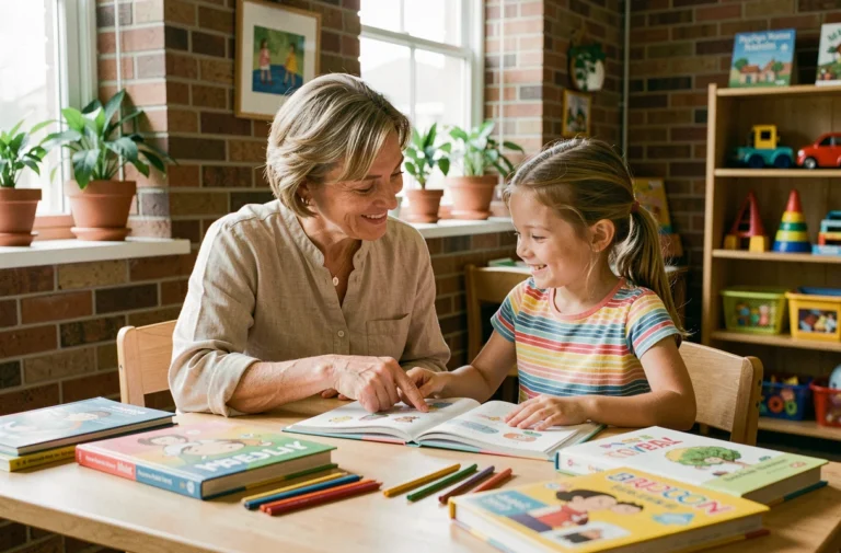Une femme bienveillante en rôle de marraine aidant une jeune fille à apprendre, assises ensemble autour d'une table en bois avec des livres et des fournitures éducatives dans un centre communautaire chaleureux