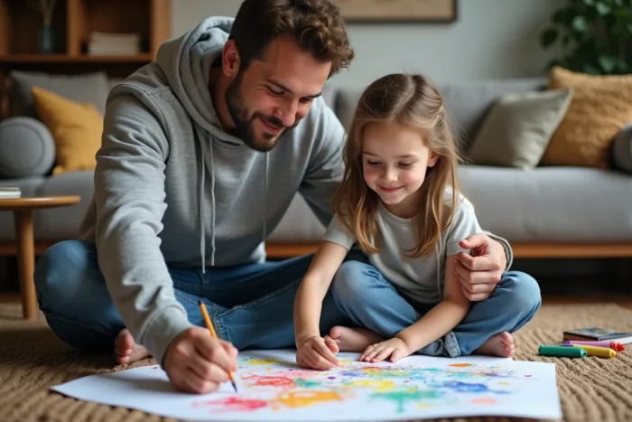 Père et fille partageant un moment créatif de dessin sur le sol du salon, illustrant la complicité parentale dans la vie de famille