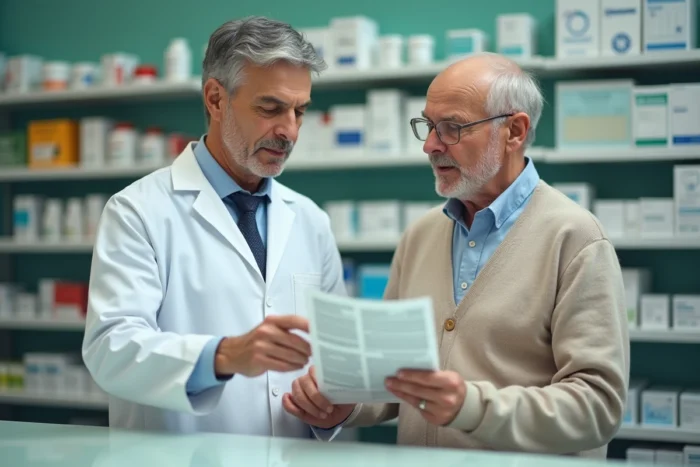 Pharmacien conseillant un patient senior sur les contre-indications du Bion 3 dans une pharmacie