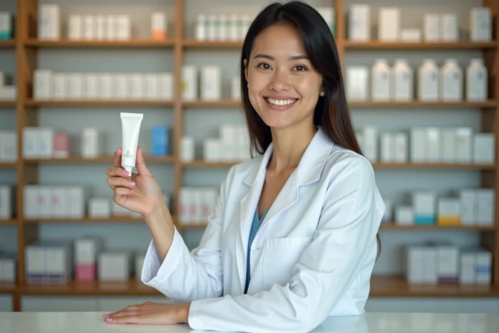 Pharmacienne conseillant un produit de soin cutané sans ordonnance en pharmacie