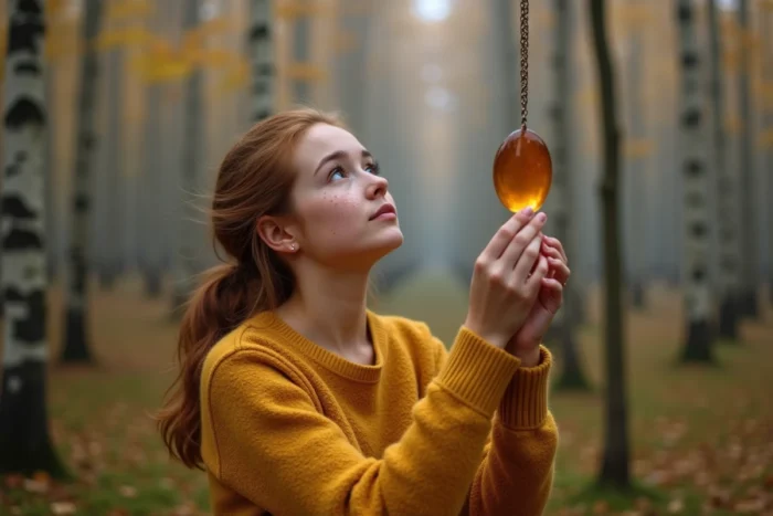 Adolescente tenant un pendentif en ambre dans une forêt automnale aux teintes dorées illustrant la popularité du prénom Ambre