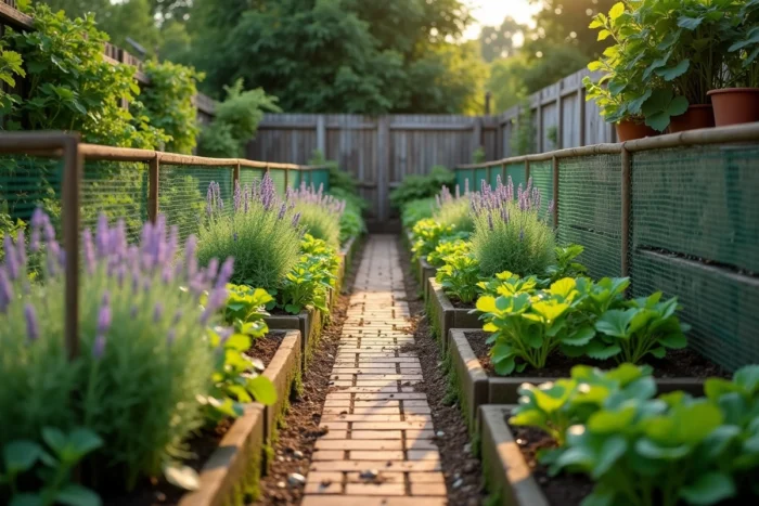 Vue grand angle d'un potager organisé avec filets de protection, bordures de terre de diatomée et plantes aromatiques répulsives pour éloigner les carabes nuisibles
