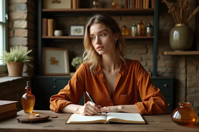 Jeune femme prénommée Ambre écrivant dans un journal dans une bibliothèque chaleureuse avec des objets en résine ambrée